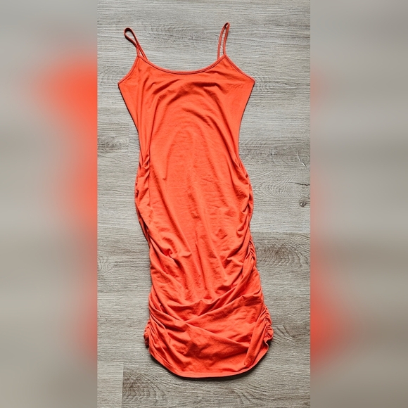 Large MadRag Orange Ruched Bodycon Midi Dress - Picture 3 of 4
